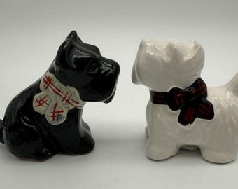 Vintage Scottie Dog Salt Pepper Shaker Set Scottish Terrier Black And White