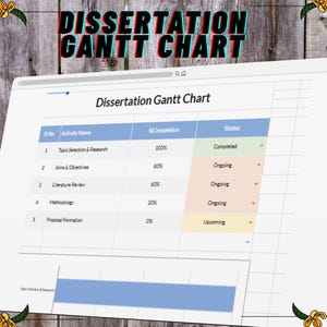 May include: A computer screen shows a "Dissertation Gantt Chart" with a table detailing project tasks, completion percentages, and statuses. The title "Dissertation Gantt Chart" is at the top. The background is a wooden surface with floral decorations.