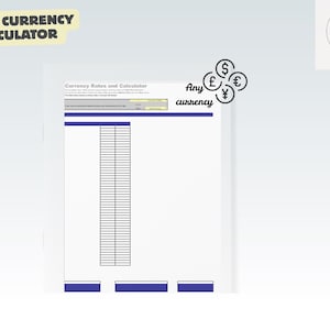 Könnte beinhalten: Ein weißes Dokument mit dem Titel „Währungskurse und Rechner“ mit einer Tabelle zur Dateneingabe. Das Bild enthält den Text „Multi Currency Calculator“ und „Any currency“ mit Währungssymbolen. Das Dokument befindet sich auf hellem Hintergrund.