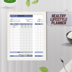 Puede incluir: Un papel blanco titulado "Daily Food Log" con un encabezado azul y columnas para alimentos, calorías, carbohidratos, azúcar y grasa. Las palabras "Healthy Lifestyle Planner" están en una pancarta.
