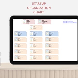 May include: A digital tablet displays a startup organization chart. The chart is structured with boxes for roles like Manager, Asst. Manager, and Senior Engineer. The text "STARTUP ORGANIZATION CHART" is at the top. A graphic of a rising bar graph is in the lower left.