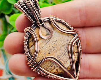 Copper Wire Wrapped Picture Jasper Pendant, Artisan Jewelry