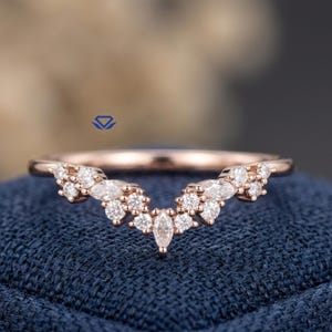 Nature Inspired Lab Grown Diamond Chevron Wedding Band, Marquise Leaf Ring, V Shaped Stacking Ring, Solid Gold Bridal Band