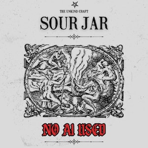 Pode incluir: Ilustração a preto e branco com o texto "SOUR JAR" e "NO AI USED". A imagem apresenta um desenho detalhado em estilo vintage de figuras em torno de um caldeirão, com fumo a subir. A parte superior da imagem diz "THE UNKIND CRAFT".