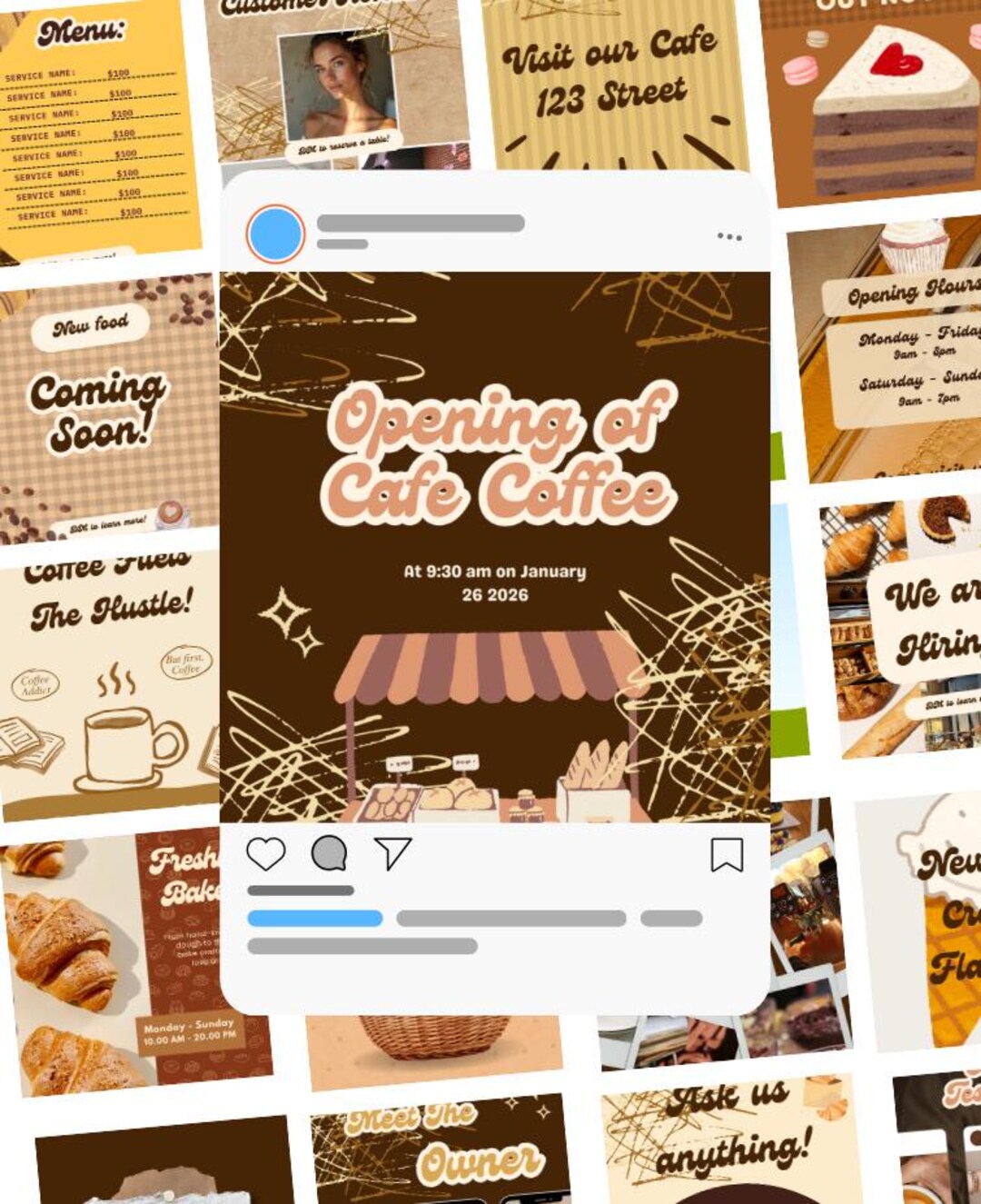 Cafe Instagram Post Templates Bakery Social Media Kit canva Editable 