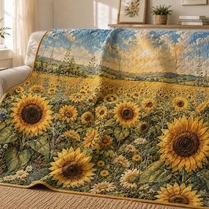 Wildflower Quilt Blanket, Cottagecore Botanical Floral Bedding, Vintage Garden Meadow Quilted Throw, Rustic Nature Shabby Chic Blanket Gift