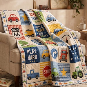 Cute Car Quilt Blanket, Toddler Transportation Patchwork Bedding, Little Driver Big Dreams Throw, Vintage Truck Nursery Room Decor Gift