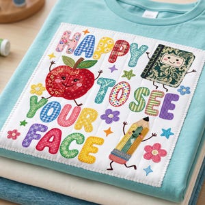 Happy to See Your Face Teacher Shirt, Cute Back to School Tee, Patchwork Apple Teacher Gift, Kindergarten Educator T-Shirt, Preschool Top