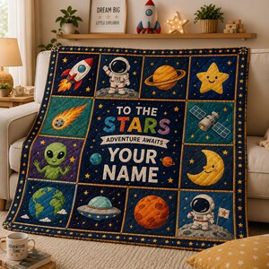 Custom Astronaut Quilt Blanket, Personalized Outer Space Bedding, Solar System Rocket Patchwork Throw, Galaxy Nursery Room Decor Gift