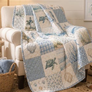 Coastal Sea Turtle Quilt Blanket, Ocean Patchwork Bedding, Blue Beach House Decor, Nautical Starfish Seahorse Throw, Seaside Cozy Gift