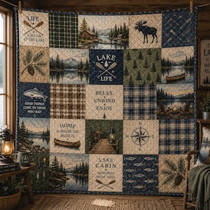 Rustic Lake House Quilt Blanket, Vintage Cabin Life Patchwork Throw Blanket, Pine Tree Moose Plaid Bedding, Outdoors Camping Decor Gift