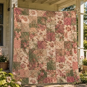 Puede incluir: Una colcha de patchwork cuadrada que presenta un patrón repetitivo de cuadrados de tela floral en tonos rosa empolvado, verde salvia y crema. La colcha está construida con costuras visibles en forma de rejilla por toda la superficie.