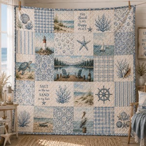 Ocean Beach Lighthouse Quilt Blanket, Coastal Sea Turtle Patchwork Bedding, Nautical Ship Wheel Throw, Cozy Seaside Beach House Decor Gift