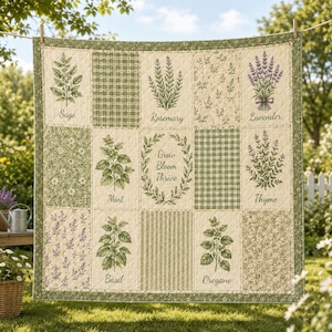 Botanical Herb Quilt Blanket, Vintage Garden Rosemary Lavender Throw, Cottagecore Patchwork Bedding, Greenhouse Decor, Gift for Plant Lover