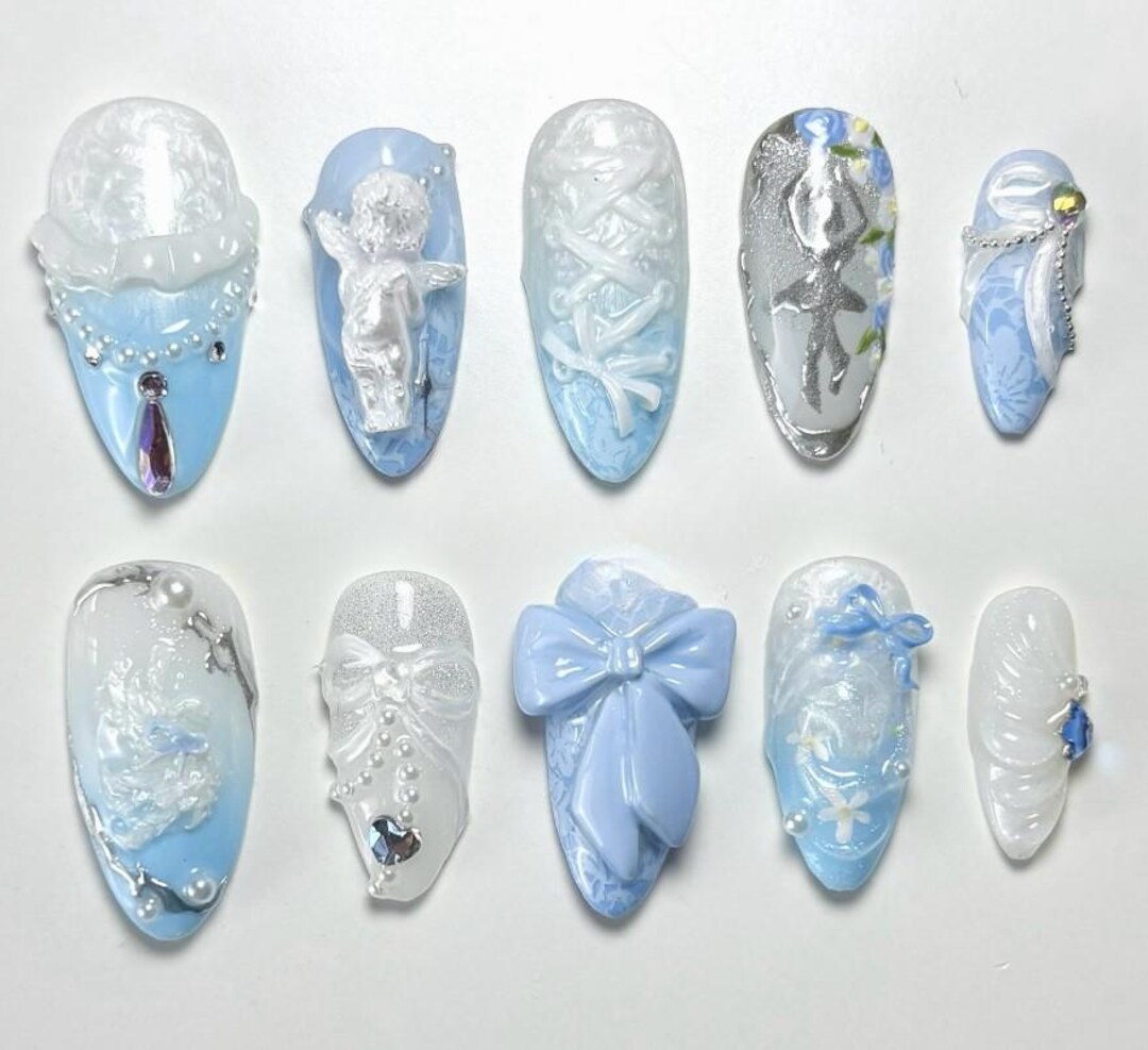 Baby Blue Balletcore Press on Nails, 3D Hand Sculpted Angel and Ribbon ...