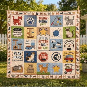 Cute Cat Quilt Blanket, Cute Kitten Patchwork Bedding, Funny Cat Mom Gift, Little Kitten Big Dreams Throw Blanket, Nursery Pet Decor