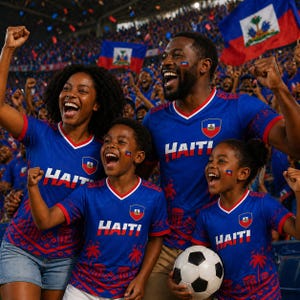 Könnte beinhalten: Ein blaues Fußballtrikot mit dem Wort HAITI in weißen Buchstaben, einem rot-blauen Wappenemblem und einem roten Palmenmuster am Saum. Das Trikot hat einen weißen V-Ausschnitt mit rotem Rand, kurze Ärmel und einen leichten, sportlichen Stoff.