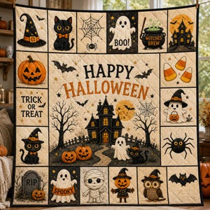 May include: A quilted Halloween throw blanket featuring a central haunted house and the text Happy Halloween. The grid design displays various icons including a black cat, ghost, pumpkin, witch hat, spider web, mummy, and owl in orange, black, and cream.
