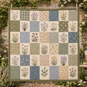 Vintage Wildflower Quilt Blanket, Cottagecore Floral Throw Blanket, Botanical Daisy Lavender Bedding, Country Patchwork Gift for Plant Lover