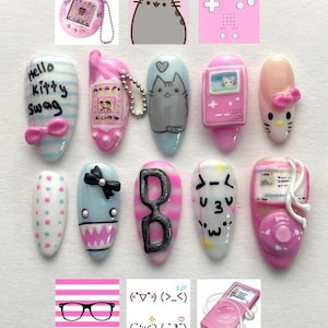 Handmade Y2K Scene Core Press On Nails, 3D Tamagotchi And iPod Nails, Pink Kawaii Gamer False Nails, Hello Kitty Swag Nails