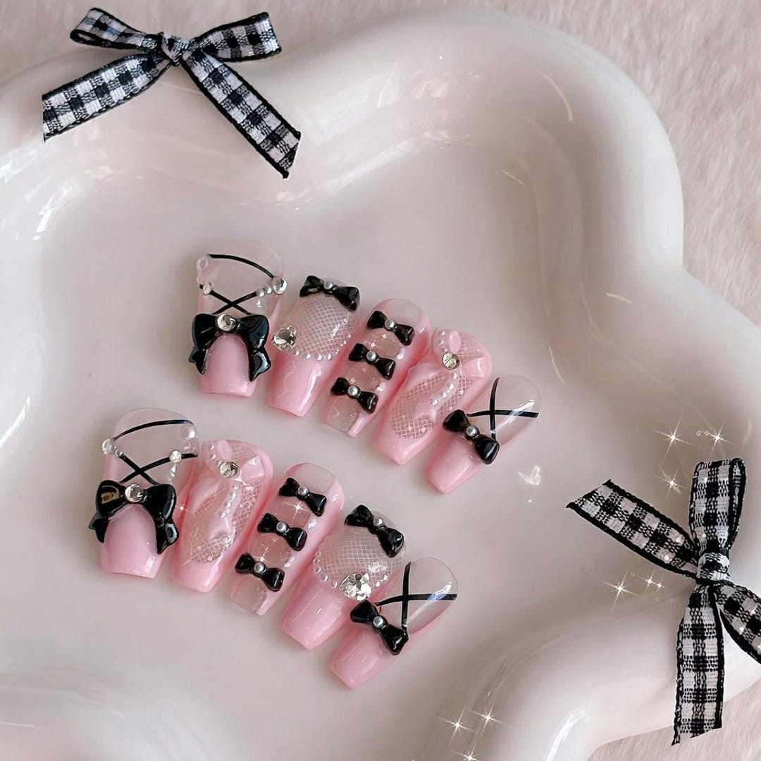 Luxury Pink & Black Balletcore Press Ons, 3D Ribbon Bow Lace Design ...