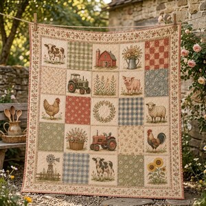 Farmhouse Quilt Blanket, Cute Barnyard Animal Patchwork Quilt, Red Barn Tractor Throw Blanket, Rustic Cow Pig Sheep Bedding, Country Gift