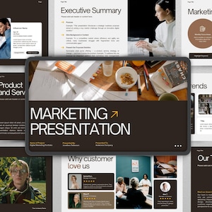 Pode incluir: Uma apresentação de marketing digital exibida em um tablet, com o título "MARKETING PRESENTATION" em letras brancas grandes. A apresentação inclui slides sobre marketing de influenciadores, resumos executivos e cronogramas de marketing. O esquema de cores é marrom e branco.