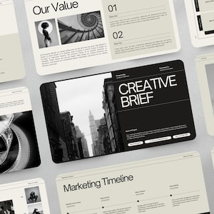 Könnte beinhalten: Eine Sammlung digitaler Design-Mockups in einer neutralen Farbpalette. Die Designs enthalten den Text "Creative Brief", "Marketing Timeline" und "Top Content this month". Die Bilder zeigen Schwarz-Weiß-Fotografie und grafische Elemente.