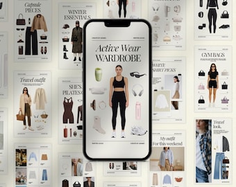 May include: A smartphone displays an "Active Wear Wardrobe" graphic, surrounded by fashion-related mood boards. The central image features a woman in activewear, with accessories like sunglasses, headphones, and a water bottle. Other boards show travel outfits and capsule pieces.