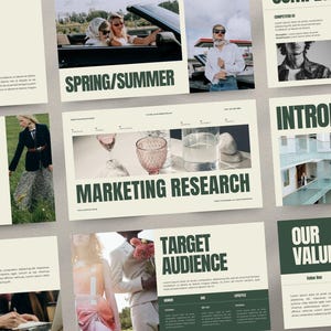 Op de afbeelding: Een verzameling presentatiedia's met tekst en afbeeldingen. De dia's bevatten koppen als "Spring/Summer", "Marketing Research" en "Target Audience". Het kleurenschema is crème en donkergroen, met afbeeldingen van mensen en objecten.