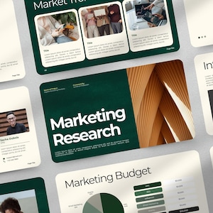 May include: A collection of digital marketing presentation slides. The central slide features the title "Marketing Research" in white text on a dark green background. Other slides include charts, photos, and the words "Market Trends" and "Marketing Budget."