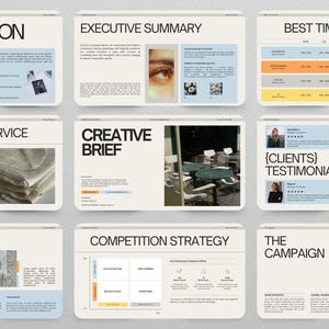 May include: A series of presentation slides in a neutral colour palette. Titles include "INTRODUCTION", "EXECUTIVE SUMMARY", and "BEST TIME FOR POST". Each slide contains text and images, focusing on business and marketing concepts.