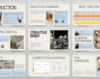 Puede incluir: Diseño de presentación con una paleta de colores neutros. Las diapositivas presentan títulos como "INTRODUCTION", "EXECUTIVE SUMMARY" y "BEST TIME FOR POST". Cada diapositiva tiene texto e imágenes, enfocadas en marketing.