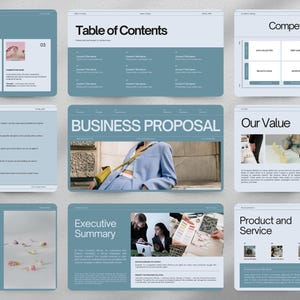 May include: A collection of digital presentation slides with a modern design. The slides feature a teal and white color scheme and include titles such as "Competitor Analysis," "Table of Contents," and "Business Proposal." The slides contain images and text.
