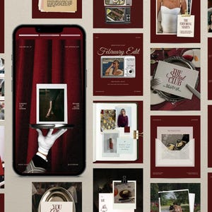 May include: A collage of images with a burgundy and cream color scheme. The images include a phone screen, a red envelope with the word "Invited", and a "Sold Out" box. The theme appears to be related to fashion and lifestyle.
