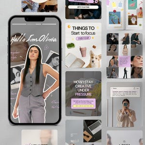 Könnte beinhalten: Ein Smartphone-Bildschirm zeigt eine Frau in einer grauen Weste und Hose mit dem Text "Hello I'm Olivia". Um das Telefon herum befinden sich verschiedene Bilder mit Text wie "Things to Start to Focus This Year" und "How I Stay Creative Under Pressure."