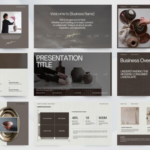 May include: A digital presentation template featuring a dark brown and off-white color palette. The slides include layouts for business overviews, content tables, and strategy charts, incorporating imagery of ceramic pottery, floral arrangements, and text.