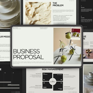 May include: A collection of images featuring a business proposal presentation. The central image displays the title "BUSINESS PROPOSAL" in bold black text. Other images include a stack of plates, pears with ribbons, and text slides with titles like "THE PROBLEM" and "RISK MANAGEMENT".
