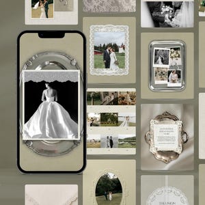 May include: A digital collection of 80 editable Canva templates for Instagram posts, featuring wedding-themed designs with ornate lace borders, silver trays, and placeholders for photographs, displayed on a smartphone screen and as grid layouts.