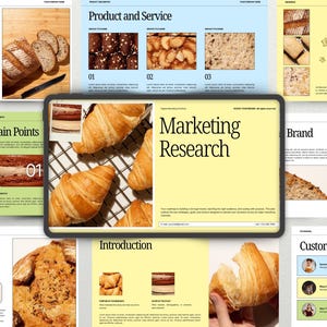 Może przedstawiać: Prezentacja cyfrowa z jasnym żółtym tłem, z tytułem "Marketing Research". Prezentacja zawiera obrazy wypieków, takich jak rogaliki i chleb, wraz z tekstem i grafiką. Ogólny motyw jest związany z jedzeniem i biznesem.
