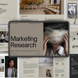 Puede incluir: Una tableta digital que muestra una plantilla de presentación de investigación de marketing con un esquema de color beige. La pantalla muestra el texto Marketing Research y una imagen de una persona con una lámina de plástico sobre la cara.