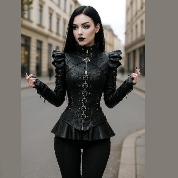 Gothic Steampunk Leather Corset Jacket Women's Black Armor Style