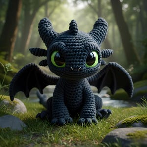 Może przedstawiać: Szydełkowy czarny smok z dużymi, zielonymi oczami i czarnymi skrzydłami siedzi na zielonej trawie. Smok ma przyjazny wyraz twarzy i znajduje się w leśnym otoczeniu z drzewami i strumieniem.