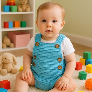 May include: A baby in a light blue crochet romper with wooden buttons, and a white t-shirt. The baby is surrounded by colourful toy blocks and soft toys, creating a playful scene.