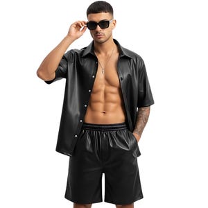 Mens Black Genuine Leather Shirt and Shorts | 2 Pcs Street Wear Outfit | Designer Festival Outfit | Comfy Clubwear Dress | Honeymoon Shorts