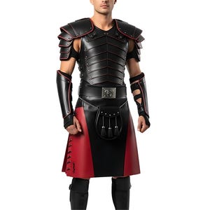 Black & Red Genuine Gladiator Armor Set With Kilt | Men’s Medieval Warrior Costume | Viking Cosplay Outfit | Gothic Festival Stagewear
