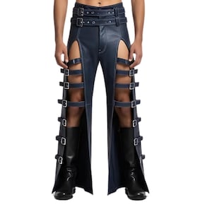 Mens Genuine Leather Buckle Pants | Gothic Cyberpunk Rave Trousers