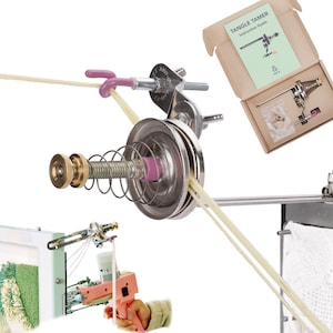 May include: A silver and gold Tangle Tamer tool with a spring and spool design, used for yarn management. The image includes a box with the text "Tangle Tamer Instruction Guide" and a diagram of the tool. The tool is shown in use with yarn.