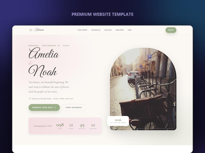 May include: A premium website template for a wedding featuring the names Amelia and Noah, a countdown timer, and an arched photo frame displaying a street scene with bicycles. The interface includes navigation links, a reservation button, and text.