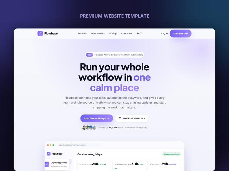 May include: A premium website template for Flowbase featuring a white interface with purple accents. The text reads Run your whole workflow in one calm place, with navigation links, a Start free trial button, and a dashboard preview showing active tasks.